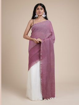 Teejh - Iqra Onion Pink & White Mulmul Saree with Unstitched Blouse