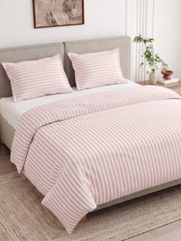 Haus & Kinder - 100% Combed Cotton 186 Tc Double Duvet Cover with Pillow Covers Momorio Stripe- Pink