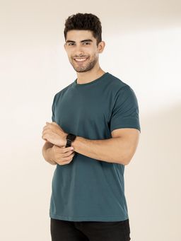 The Bleu Label - Mens Teal Casual Slim Fit Round Neck Half Sleeve T-Shirt