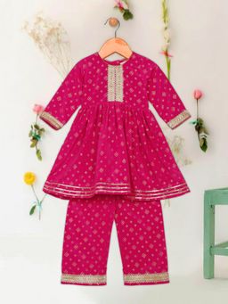 SAKA DESIGNS - Girls Magenta Rayon Printed Kurta with Palazzo (Set of 2)