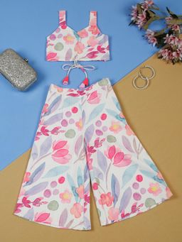 SAKA DESIGNS - Girls Pink Floral Poly Cotton Printed Crop Top with Palazzo (Set of 2)