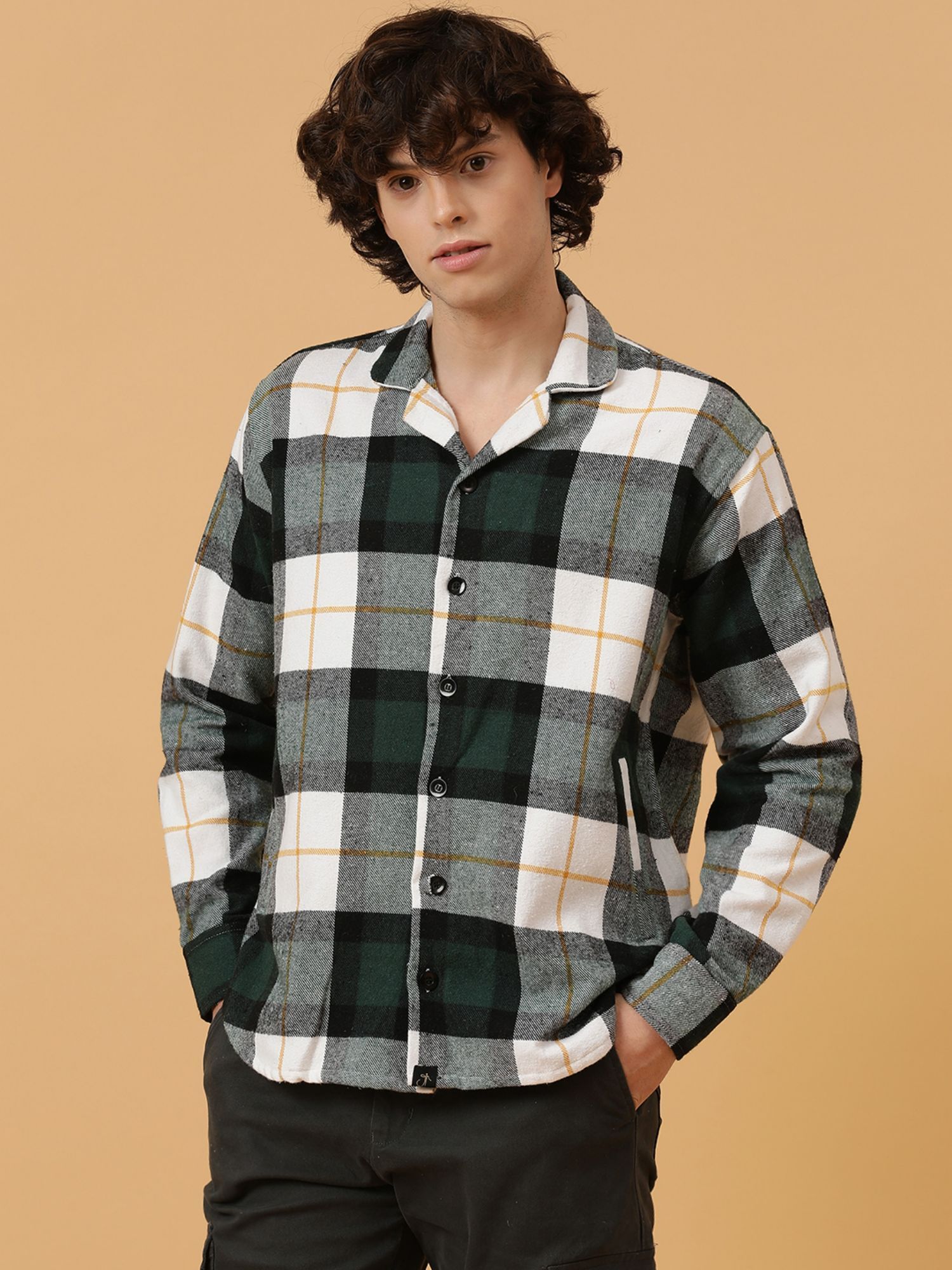 Buy JAVINISHKA Vegan Bottle Green & White Checks Heavy Flannel