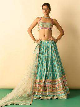 Gopi Vaid - Mannat Aqua Lehenga with Blouse and Dupatta Set