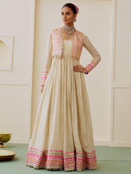 Gopi Vaid - Qissa Beige Anarkali Kurta with Churidar and Jacket Set