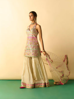Gopi Vaid - Kriva Beige Kurta with Sharara and Dupatta Set