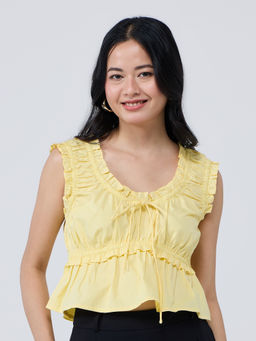 Twenty Dresses by Nykaa Fashion - Lemon Yellow Scoop Neck Ruched Crop Top
