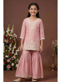 Lagorii - Girls Pink Silk Blend Kurti with Sharara