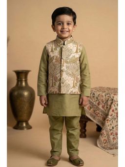 Lagorii - Boys Olive Silk Blend Kurta with Pyjama and Nehru Jacket
