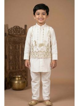 Lagorii - Boys Cream Silk Blend Kurta with Pyjama and Nehru Jacket