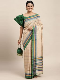 Odette - Bhagalpuri Silk Beige Printed Saree with Unstitched Blouse