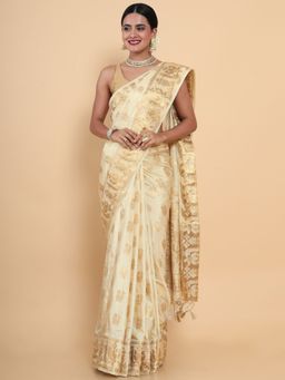Mimosa - Women Traditional Kasavu Art Silk Beige Saree with Unstitched Blouse