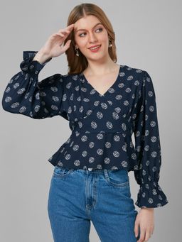 Style Quotient - Women Navy Ethnic Print Polyester Peplum Smart Casual Top