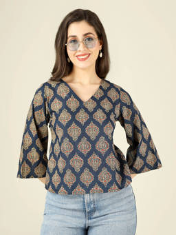 SPARSA - Navy Blue Printed Straight Cotton Top