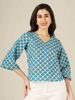 SPARSA - Blue Printed Straight Cotton Top