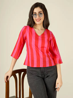 SPARSA - Pink Striped Straight Cotton Top