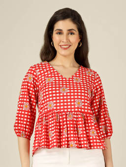 SPARSA - Red Checked Peplum Cotton Top