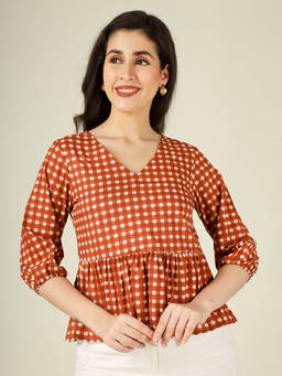 SPARSA - Brown Checked Peplum Cotton Top