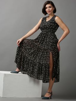 SHOWOFF - Womens V-neck Floral Black Midi Dress