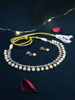 PAYA - Golden Square Kundan and Pearl Linear Choker and Earrings