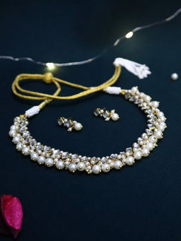 PAYA - Square Kundan and Dangling Pearls Linear Choker and Earrings
