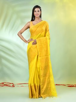 CHARUKRITI - Yellow Cotton Blend Woven Tassels Saree with Unstitched Blouse