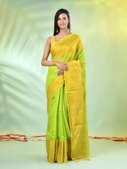 CHARUKRITI - Light Green Cotton Blend Woven Tassels Saree with Unstitched Blouse