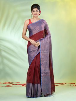 CHARUKRITI - Maroon Cotton Blend Woven Tassels Saree with Unstitched Blouse