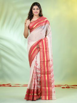 CHARUKRITI - Red and Off White Handwoven Cotton Saree with Unstitched Blouse