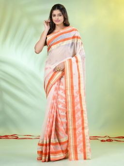 CHARUKRITI - Orange and Off White Handwoven Cotton Saree with Unstitched Blouse
