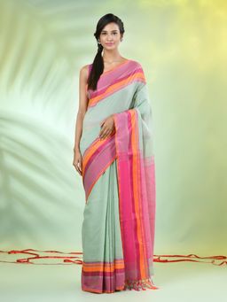 CHARUKRITI - Pistachio Green Cotton Woven Temple Border Saree with Unstitched Blouse