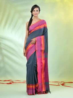 CHARUKRITI - Grey Cotton Woven Temple Border Saree with Unstitched Blouse
