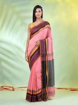 CHARUKRITI - Peach Cotton Woven Temple Border Saree with Unstitched Blouse