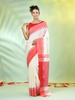 CHARUKRITI - Off White Cotton Woven Tassels Saree with Unstitched Blouse