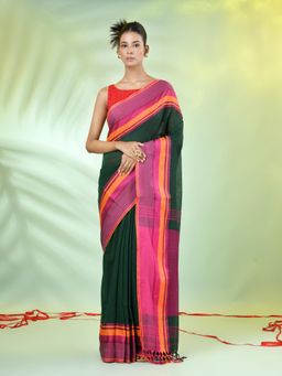 CHARUKRITI - Green Cotton Woven Temple Border Saree with Unstitched Blouse