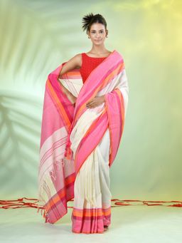 CHARUKRITI - Cream Cotton Woven Temple Border Saree with Unstitched Blouse