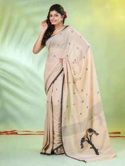 CHARUKRITI - Beige Cotton Bird Motifs Handwoven Saree with Unstitched Blouse
