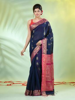 CHARUKRITI - Navy Blue Cotton Blend Nakshi Zari Border Saree with Unstitched Blouse