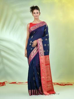 CHARUKRITI - Navy Blue Cotton Blend Nakshi Zari Border Saree with Unstitched Blouse