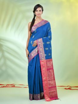 CHARUKRITI - Sapphire Blue Cotton Blend Nakshi Zari Border Saree with Unstitched Blouse