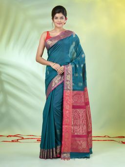 CHARUKRITI - Teal Cotton Blend Nakshi Zari Border Saree with Unstitched Blouse