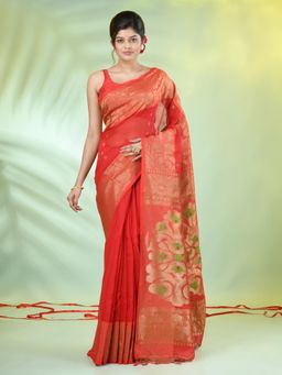 CHARUKRITI - Red Cotton Blend Handwoven Tassels Saree with Unstitched Blouse