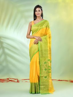 CHARUKRITI - Yellow Cotton Blend Handwoven Tassels Saree with Unstitched Blouse