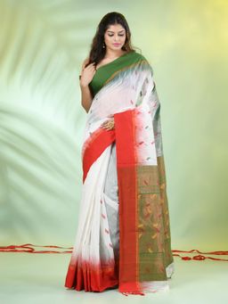CHARUKRITI - White Cotton Blend Woven Ikat Saree with Unstitched Blouse