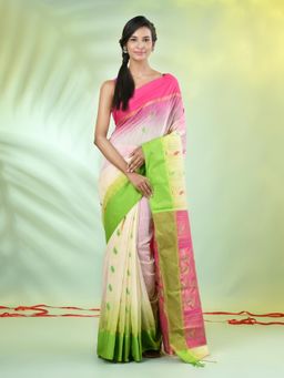 CHARUKRITI - Off White Cotton Blend Woven Ikat Saree with Unstitched Blouse