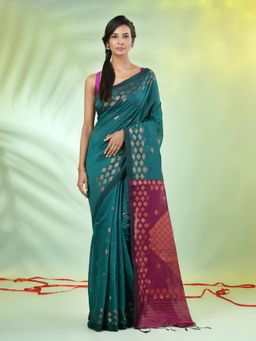 CHARUKRITI - Teal Cotton Blend Woven Zari Border Saree with Unstitched Blouse