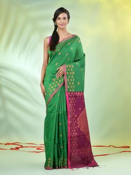 CHARUKRITI - Green Cotton Blend Woven Zari Border Saree with Unstitched Blouse