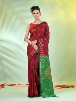 CHARUKRITI - Maroon Cotton Blend Woven Zari Border Saree with Unstitched Blouse