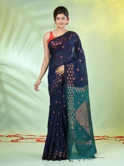 CHARUKRITI - Women Navy Blue Cotton Blend Woven Zari Border Saree with Unstitched Blouse