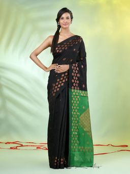 CHARUKRITI - Black Cotton Blend Woven Zari Border Saree with Unstitched Blouse