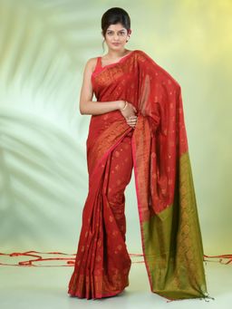 CHARUKRITI - Red Cotton Woven Zari Borders Saree with Unstitched Blouse